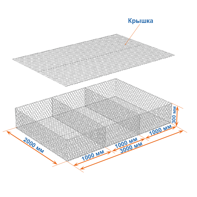Габион матрац ГСИ-М 3х2х0,3 оцинкованный, Ø проволоки 2,7 мм, размер ячейки 8х10 см фото