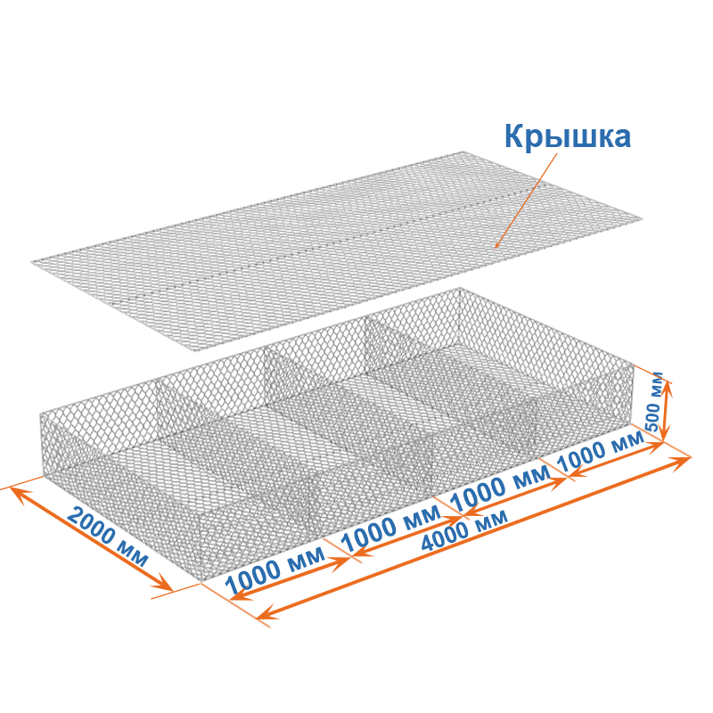 Габион матрац  ГСИ-М 4х2х0,5 оцинкованный, Ø проволоки 2,7мм, размер ячейки 6х8 см фото