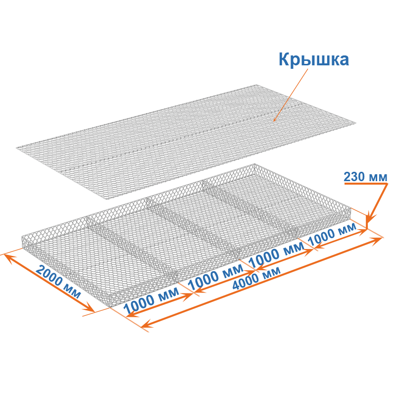 Габион матрац ГСИ-М 4х2х0,23 оцинкованный, Ø проволоки 2,4 мм, размер ячейки 6х8 см фото