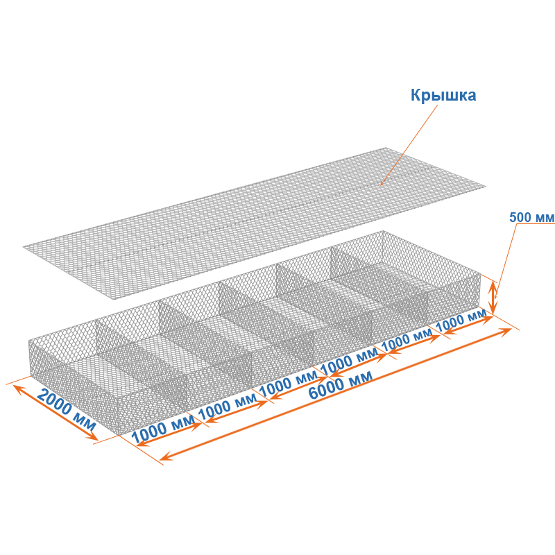 Габион матрац  ГСИ-М 6х2х0,5 оцинкованный, Ø проволоки 2,2 мм, размер ячейки 6х8 см фото